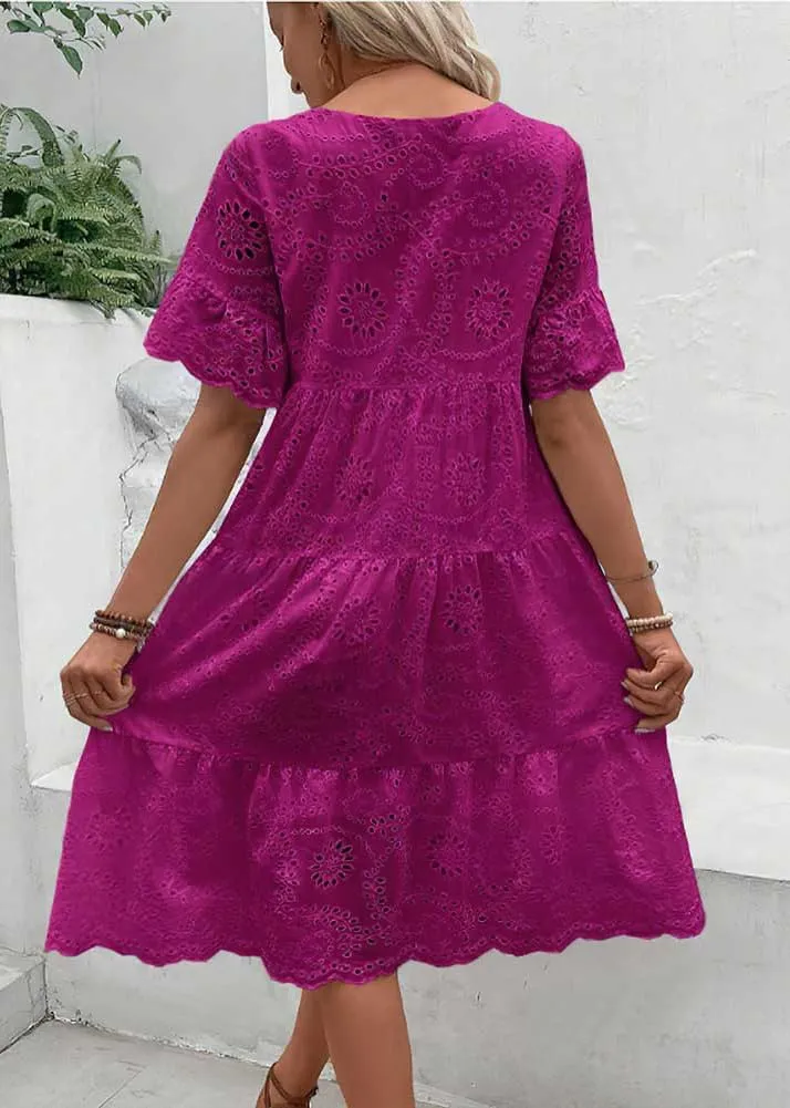 Women's 2024 Lace Eyelet Short Sleeve Tiered Tunic Dress Cute Babydoll Beach Sundress Midi Long Dress