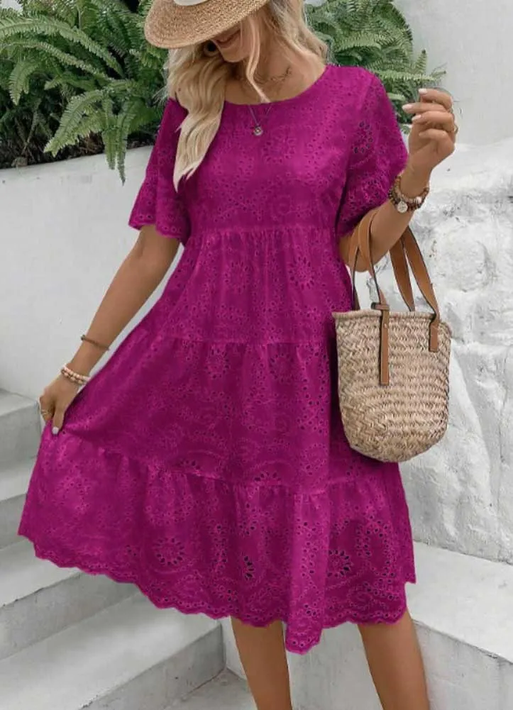 Women's 2024 Lace Eyelet Short Sleeve Tiered Tunic Dress Cute Babydoll Beach Sundress Midi Long Dress