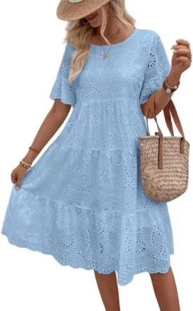 Women's 2024 Lace Eyelet Short Sleeve Tiered Tunic Dress Cute Babydoll Beach Sundress Midi Long Dress
