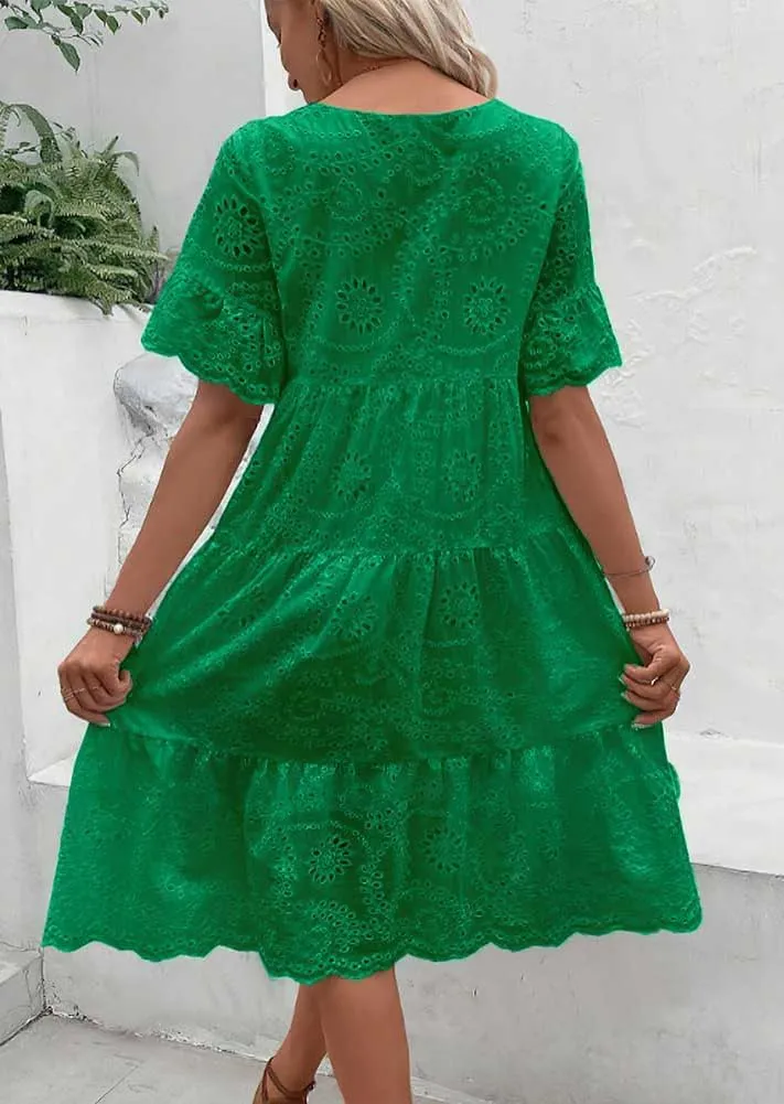 Women's 2024 Lace Eyelet Short Sleeve Tiered Tunic Dress Cute Babydoll Beach Sundress Midi Long Dress
