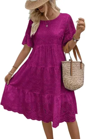 Women's 2024 Lace Eyelet Short Sleeve Tiered Tunic Dress Cute Babydoll Beach Sundress Midi Long Dress