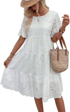 Women's 2024 Lace Eyelet Short Sleeve Tiered Tunic Dress Cute Babydoll Beach Sundress Midi Long Dress