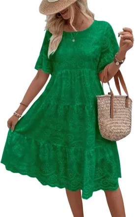 Women's 2024 Lace Eyelet Short Sleeve Tiered Tunic Dress Cute Babydoll Beach Sundress Midi Long Dress