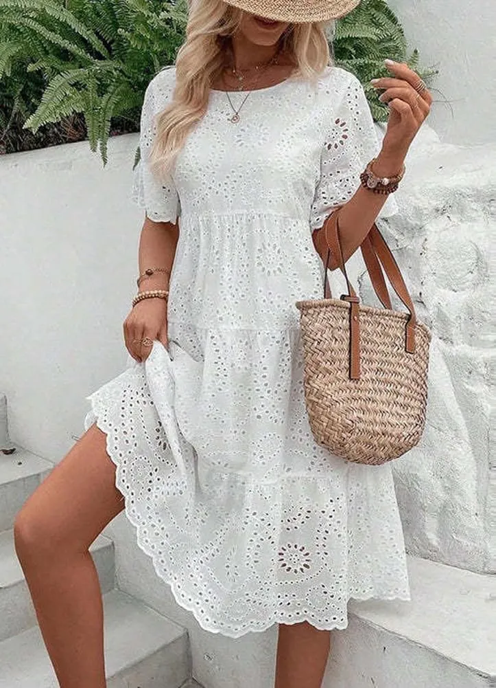 Women's 2024 Lace Eyelet Short Sleeve Tiered Tunic Dress Cute Babydoll Beach Sundress Midi Long Dress