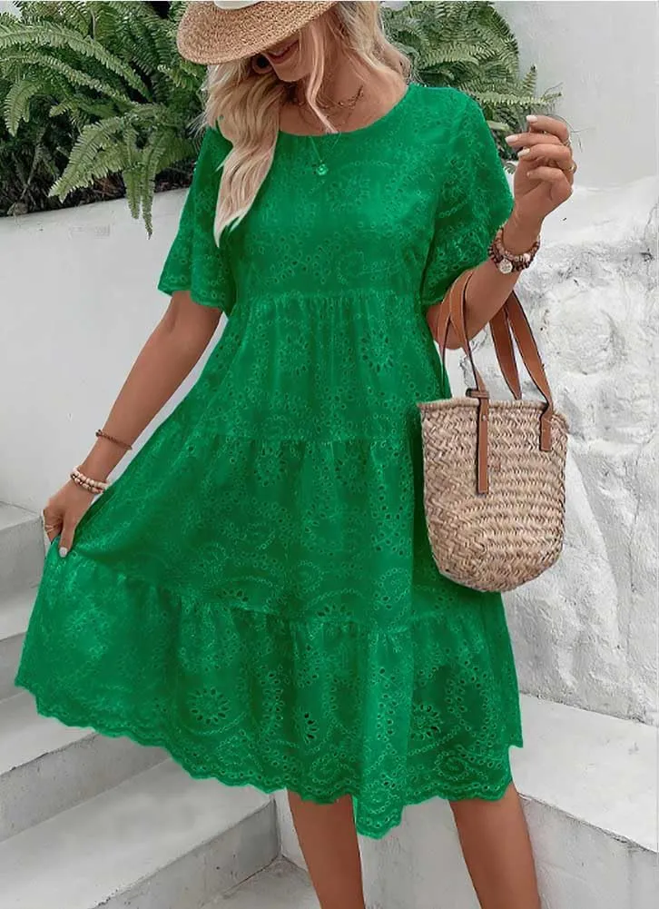 Women's 2024 Lace Eyelet Short Sleeve Tiered Tunic Dress Cute Babydoll Beach Sundress Midi Long Dress