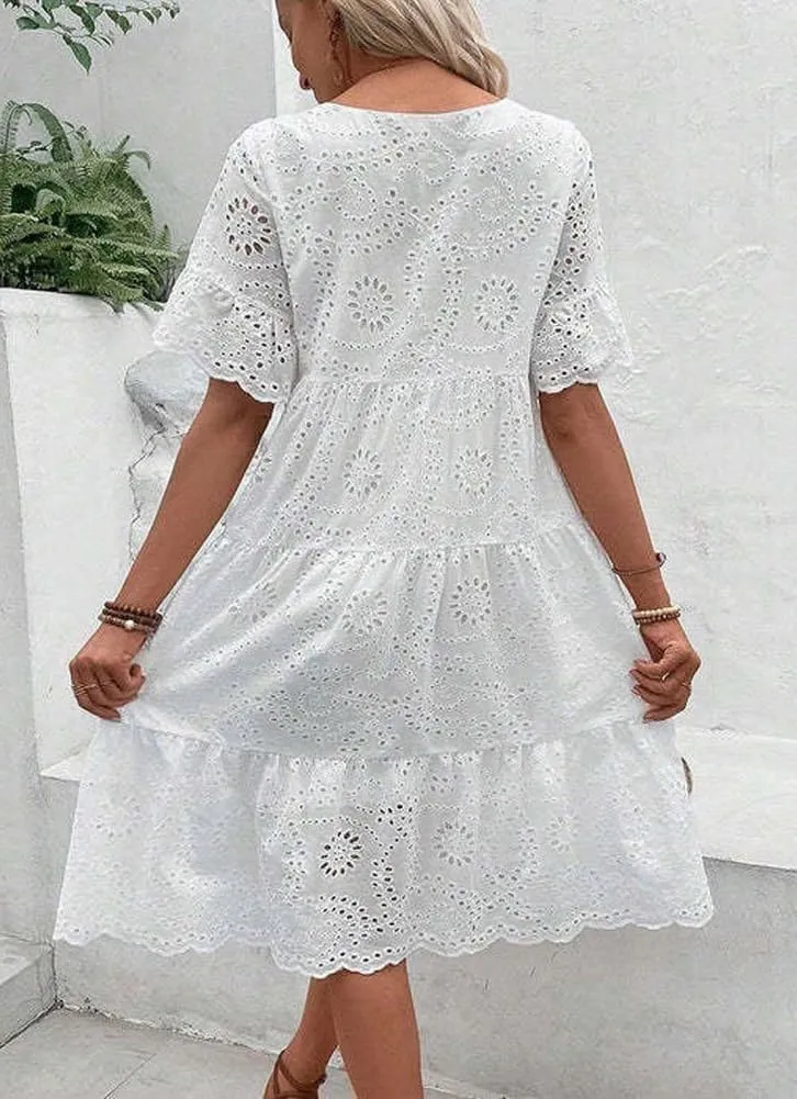Women's 2024 Lace Eyelet Short Sleeve Tiered Tunic Dress Cute Babydoll Beach Sundress Midi Long Dress
