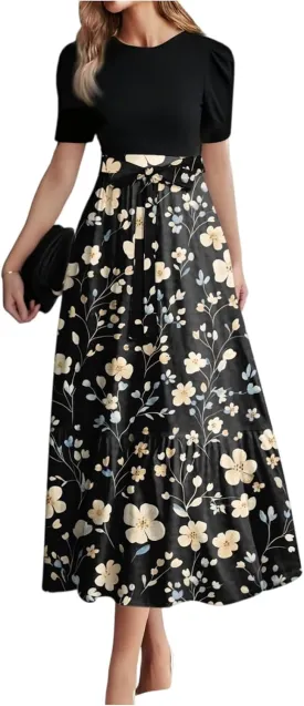 Women's 2025 Summer Floral Crew Neck Midi Dress Boho Short Sleeve High Waist Flowy Beach Vacation Dresses