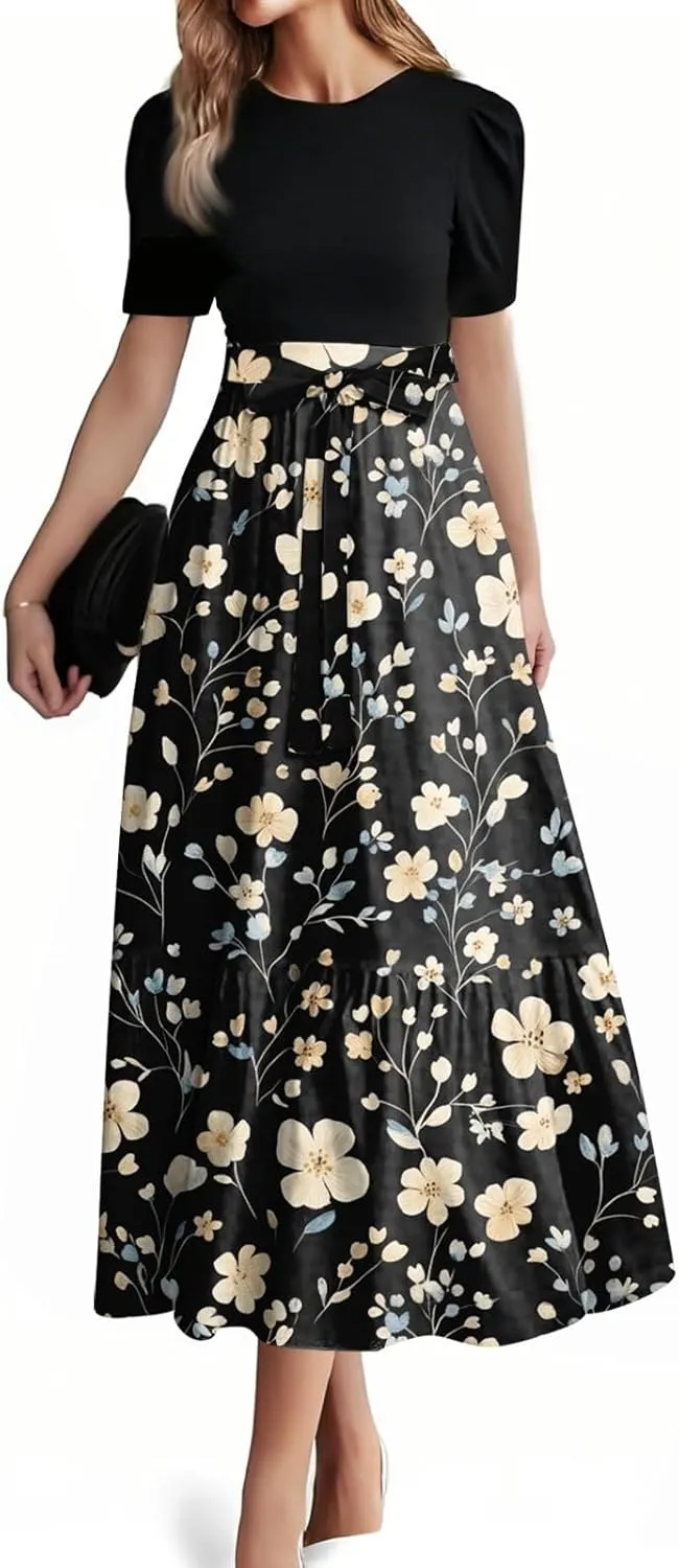 Women's 2025 Summer Floral Crew Neck Midi Dress Boho Short Sleeve High Waist Flowy Beach Vacation Dresses