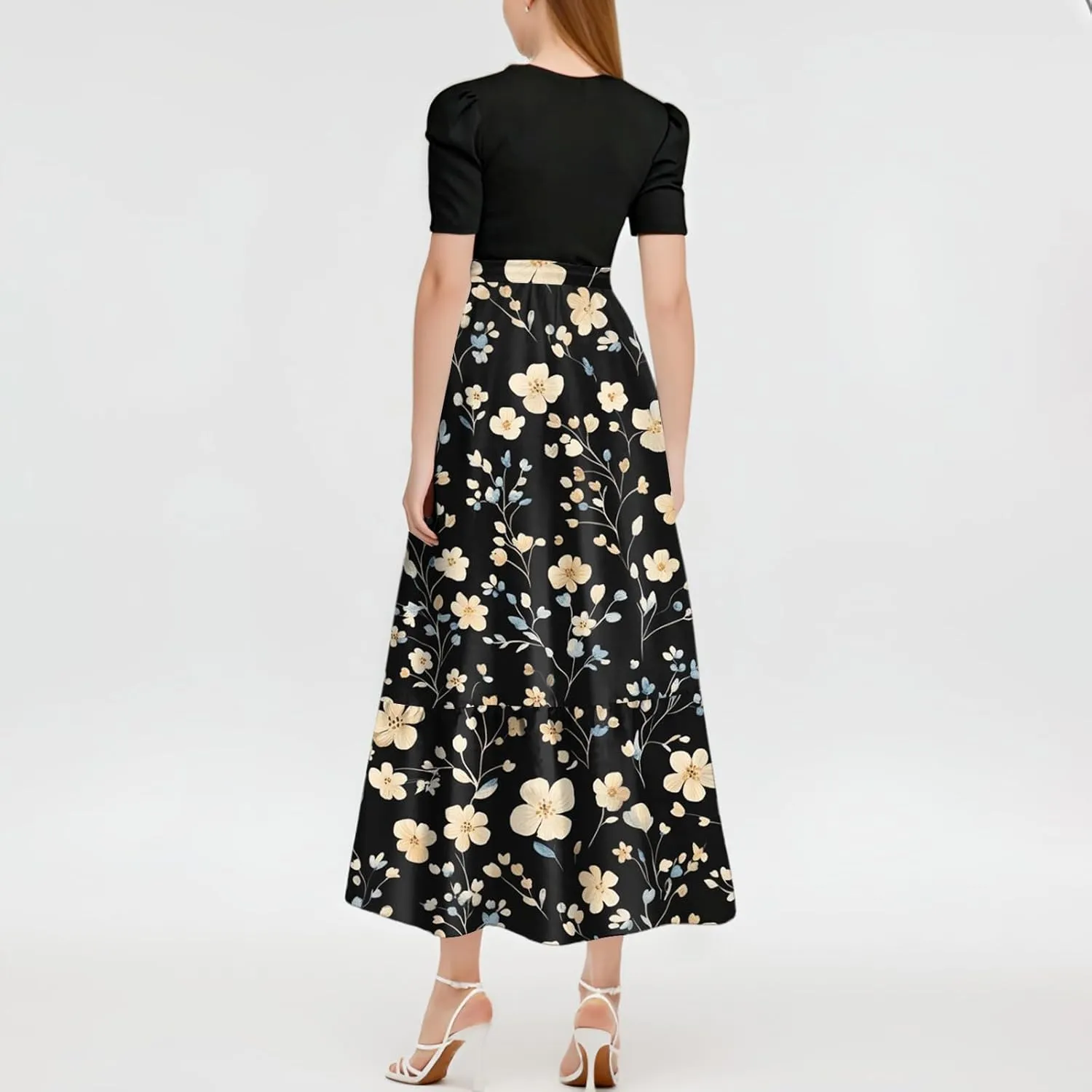 Women's 2025 Summer Floral Crew Neck Midi Dress Boho Short Sleeve High Waist Flowy Beach Vacation Dresses