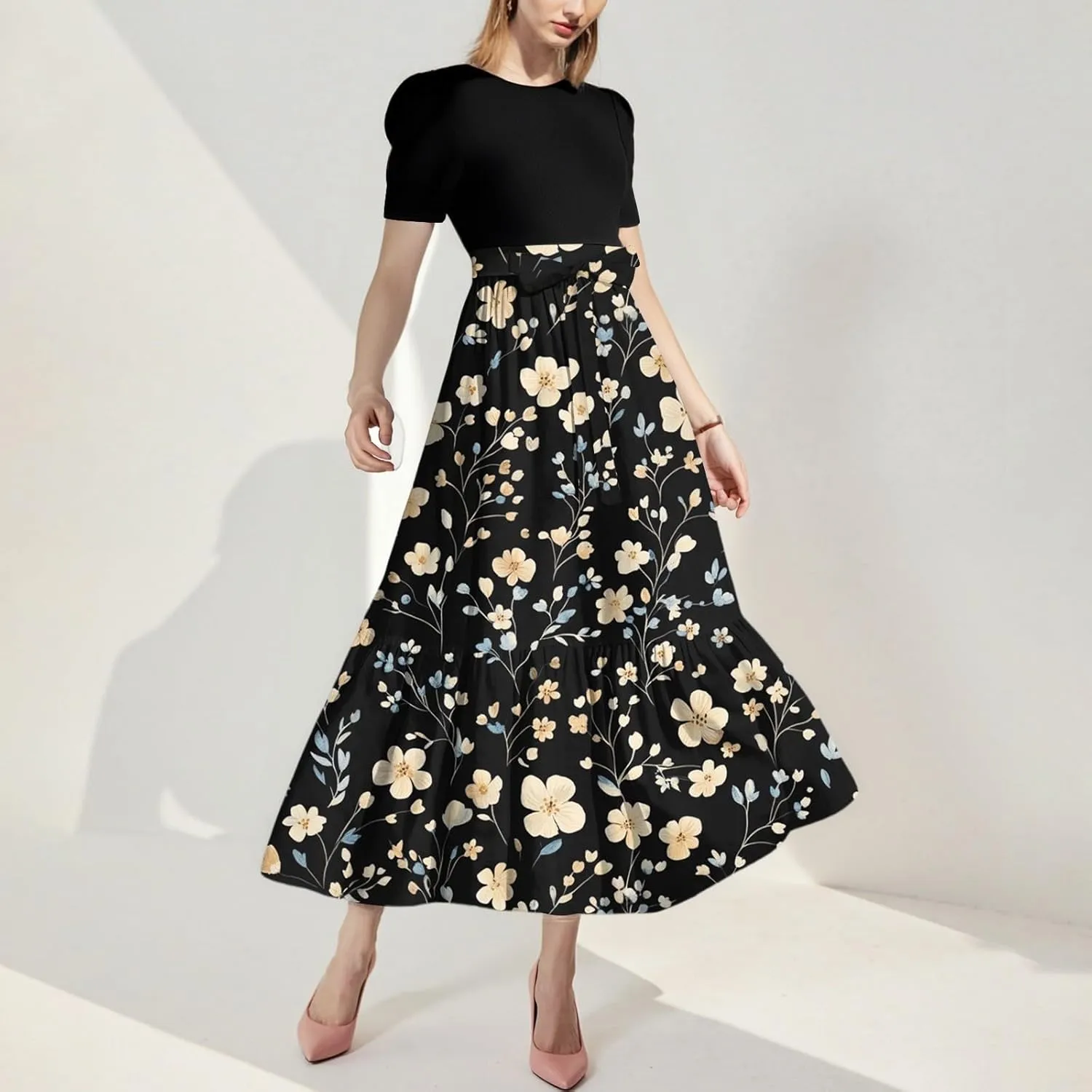Women's 2025 Summer Floral Crew Neck Midi Dress Boho Short Sleeve High Waist Flowy Beach Vacation Dresses