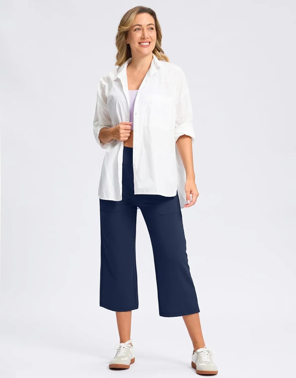 Women's Capri Pants with Pockets High Waist Yoga Pants Wide Leg Workout Crop Summer Pants for Casual, Travel, Exercise