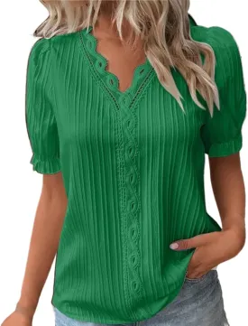 Women's Elegant Lace V Neck Tops Summer Petal Short Sleeve Dress Shirts Plus Size Business Casual Blouses