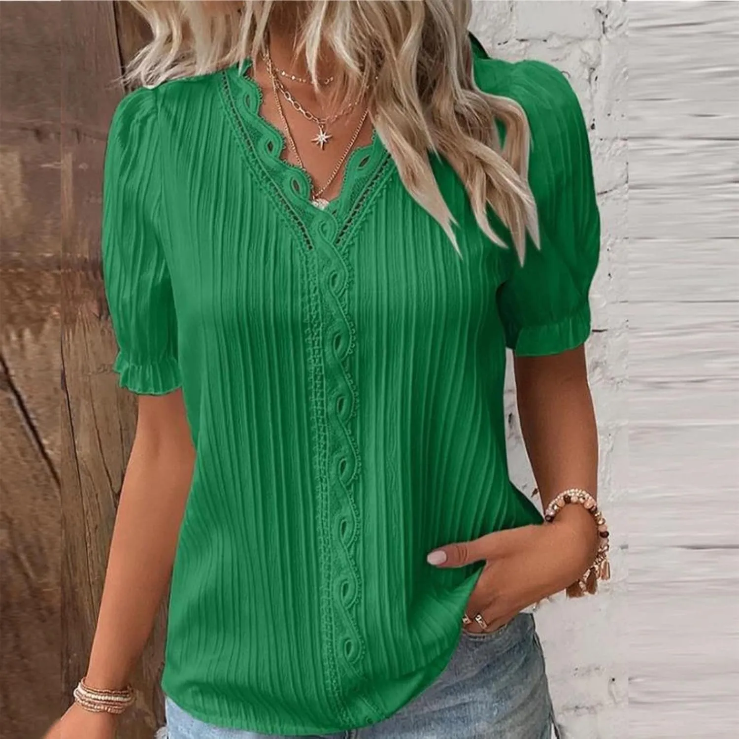 Women's Elegant Lace V Neck Tops Summer Petal Short Sleeve Dress Shirts Plus Size Business Casual Blouses