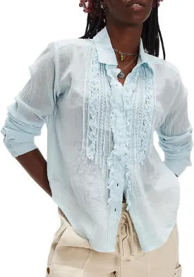 Womens Flowy Bow Front Tie Top Y2k Long Sleeve Peplum Ruffle Lace Trim Shirt Sheer V Neck Beach Lightweight Blouse