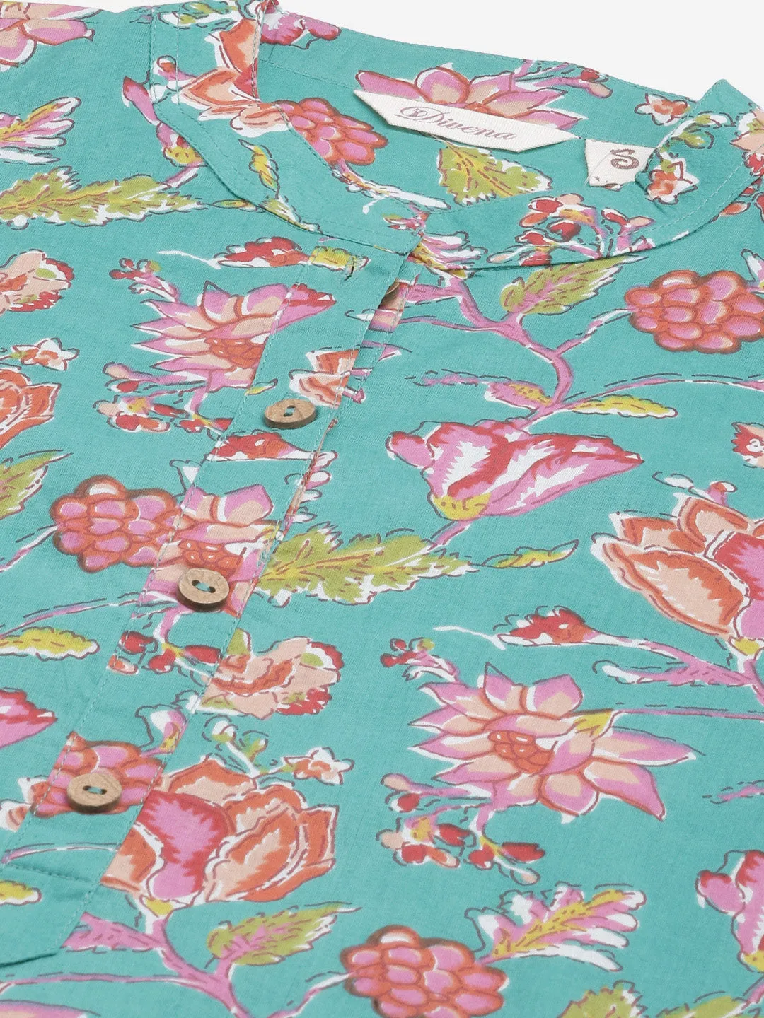 Women'S Green  Floral Print Cotton Straight Kurta