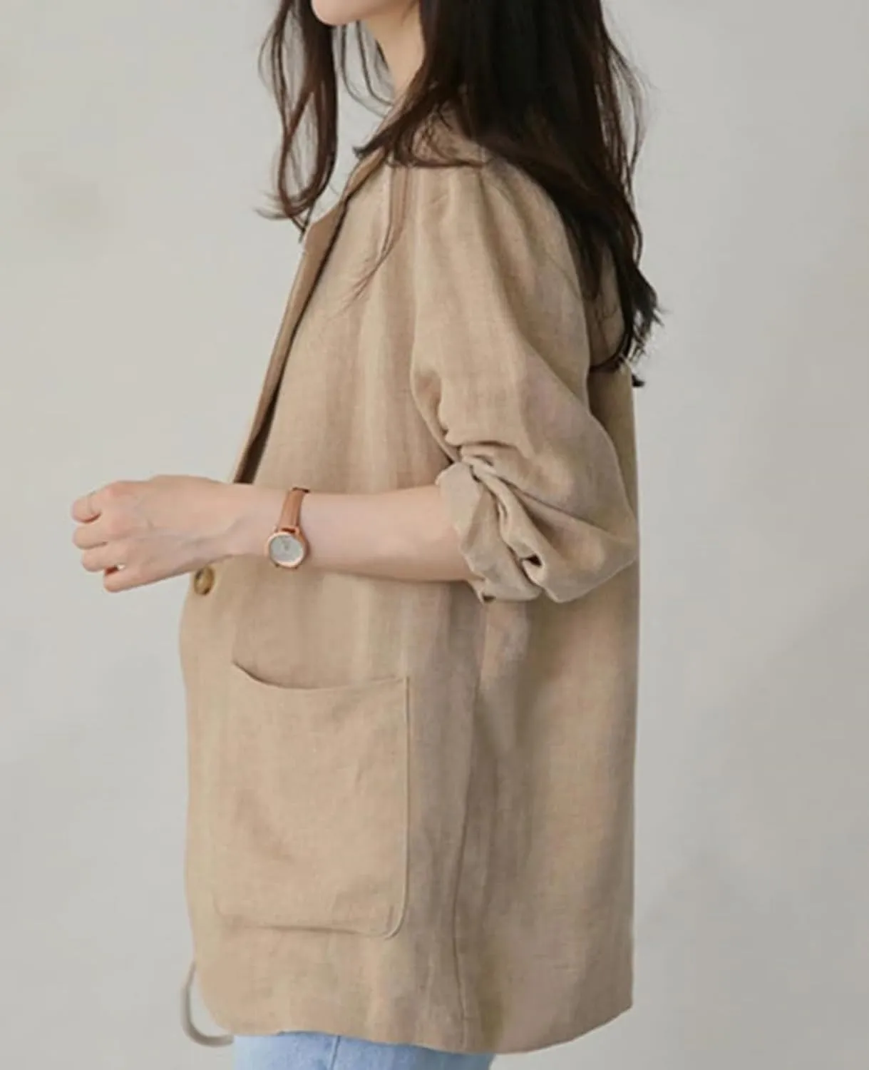 Women's Linen Blazer Jacket 2025 Lightweight Button Lapel Casual Long Sleeve Work Office Summer Jackets