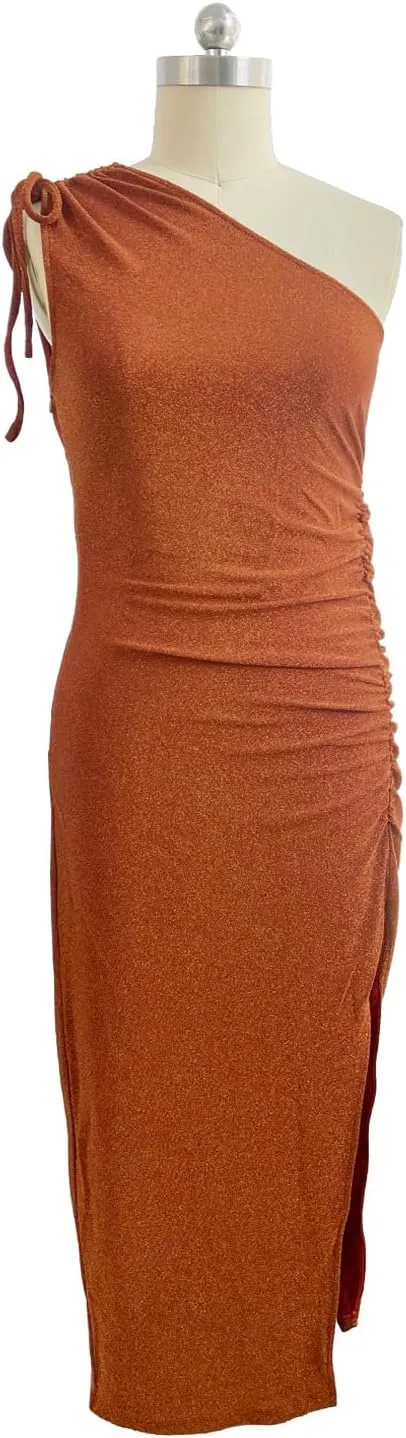 Women's One Shoulder Glitter Bodycon Midi Dress Ruched Side Slit Cocktail Wedding Guest Party Formal Dinner Summer Night Out