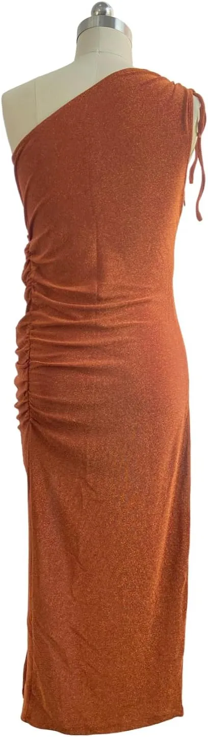 Women's One Shoulder Glitter Bodycon Midi Dress Ruched Side Slit Cocktail Wedding Guest Party Formal Dinner Summer Night Out