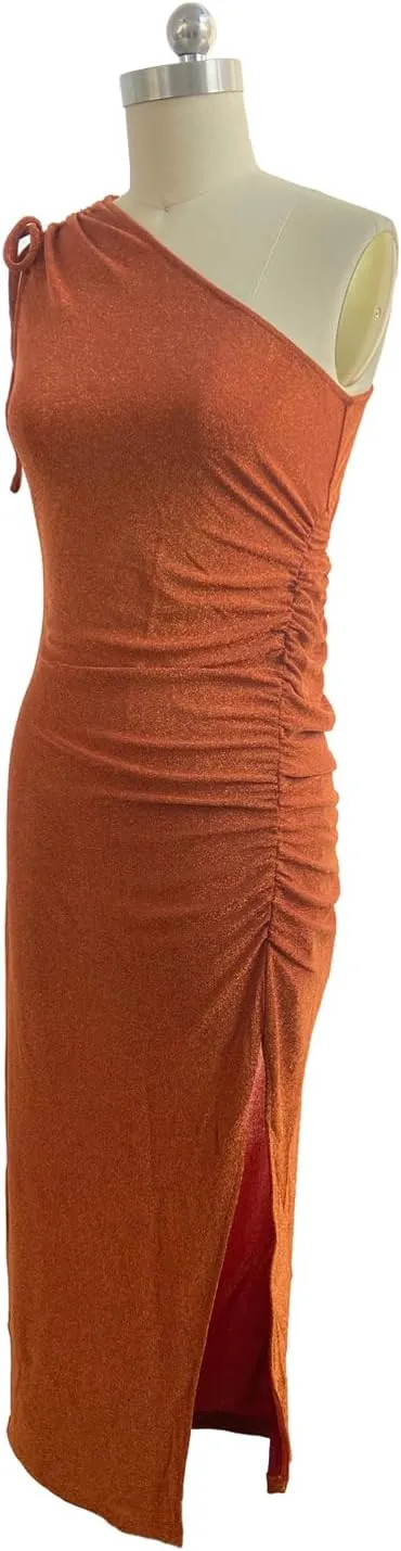Women's One Shoulder Glitter Bodycon Midi Dress Ruched Side Slit Cocktail Wedding Guest Party Formal Dinner Summer Night Out