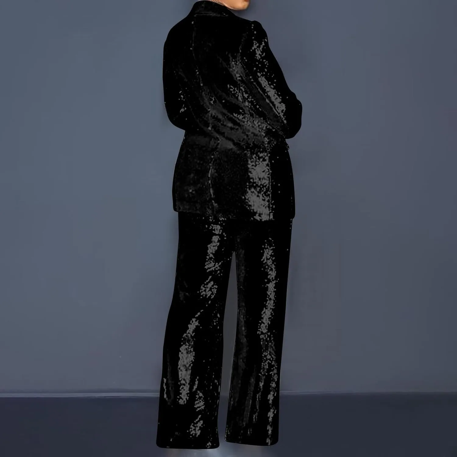 Womens Sequin Blazer 2-Piece Set Slim Fit Sparkle One Button Tuxedo Jacket Wide Leg Pants Suit 70s Disco Party Outfit