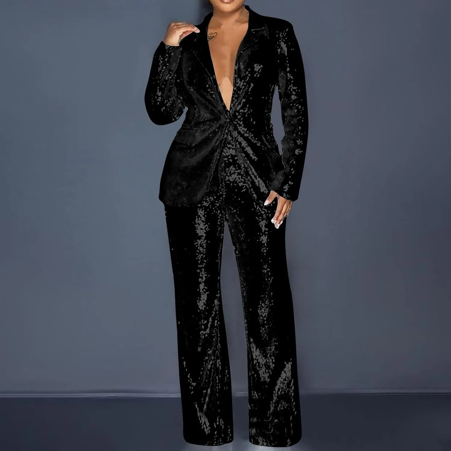 Womens Sequin Blazer 2-Piece Set Slim Fit Sparkle One Button Tuxedo Jacket Wide Leg Pants Suit 70s Disco Party Outfit