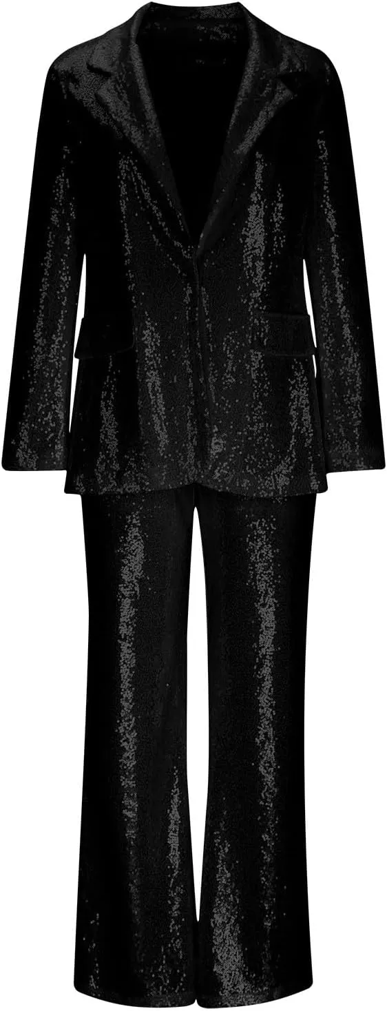 Womens Sequin Blazer 2-Piece Set Slim Fit Sparkle One Button Tuxedo Jacket Wide Leg Pants Suit 70s Disco Party Outfit
