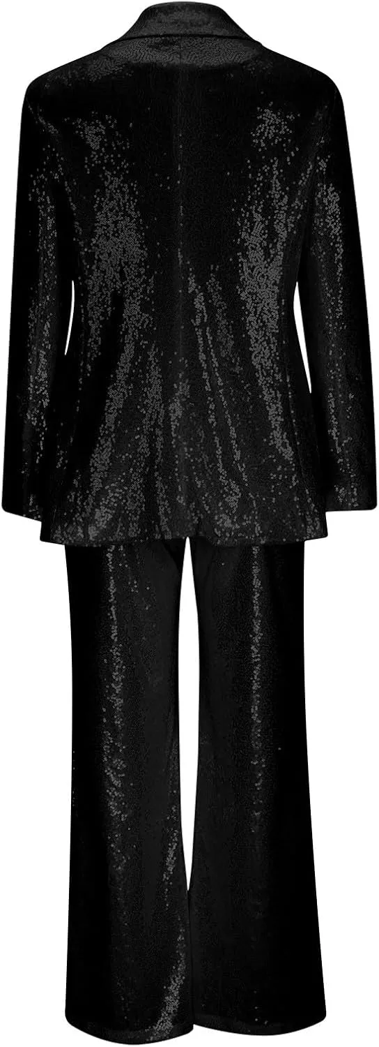 Womens Sequin Blazer 2-Piece Set Slim Fit Sparkle One Button Tuxedo Jacket Wide Leg Pants Suit 70s Disco Party Outfit