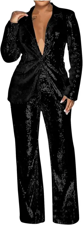 Womens Sequin Blazer 2-Piece Set Slim Fit Sparkle One Button Tuxedo Jacket Wide Leg Pants Suit 70s Disco Party Outfit