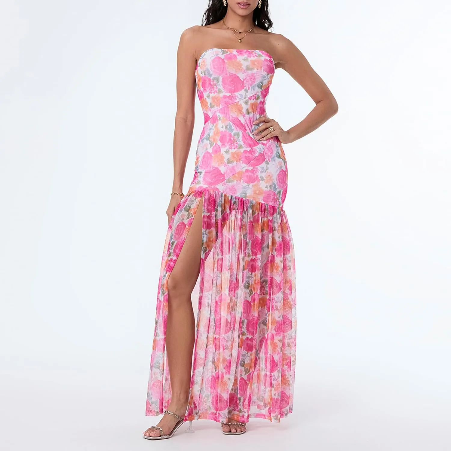Women's Sexy Mesh Patchwork Maxi Dress Floral Tiger Print Strapless Tube Top Dress High Slit Party Long Dress