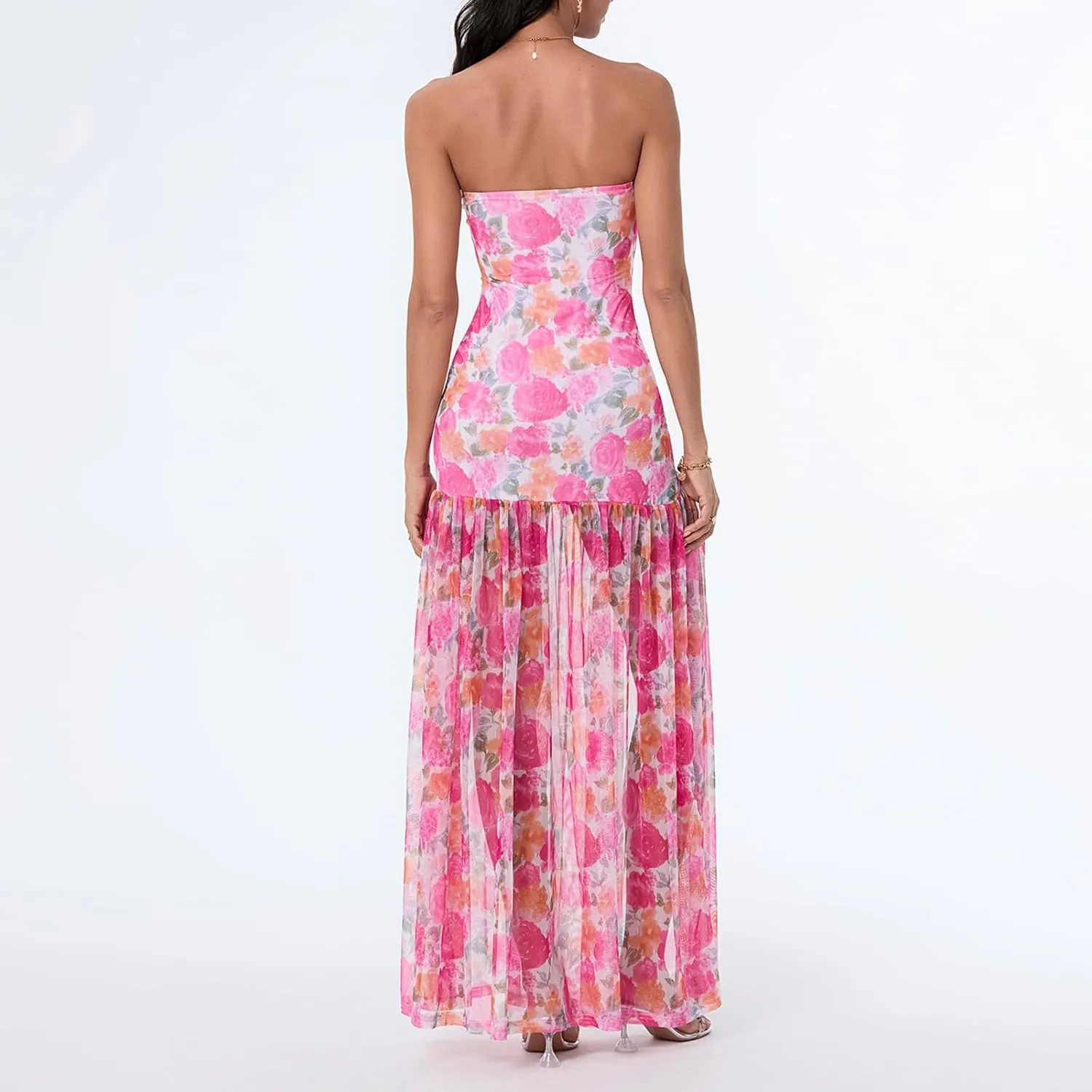 Women's Sexy Mesh Patchwork Maxi Dress Floral Tiger Print Strapless Tube Top Dress High Slit Party Long Dress