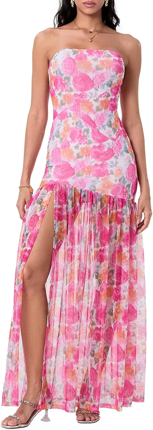 Women's Sexy Mesh Patchwork Maxi Dress Floral Tiger Print Strapless Tube Top Dress High Slit Party Long Dress