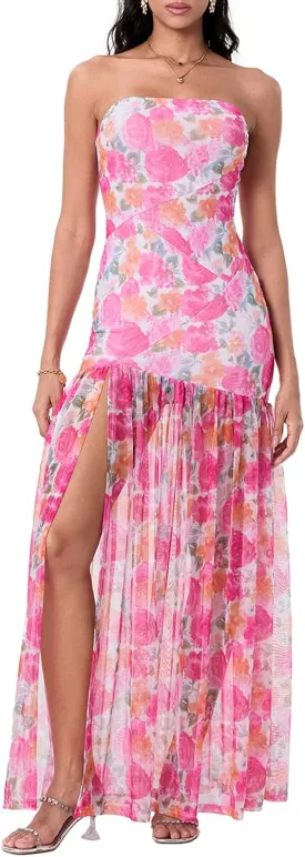 Women's Sexy Mesh Patchwork Maxi Dress Floral Tiger Print Strapless Tube Top Dress High Slit Party Long Dress