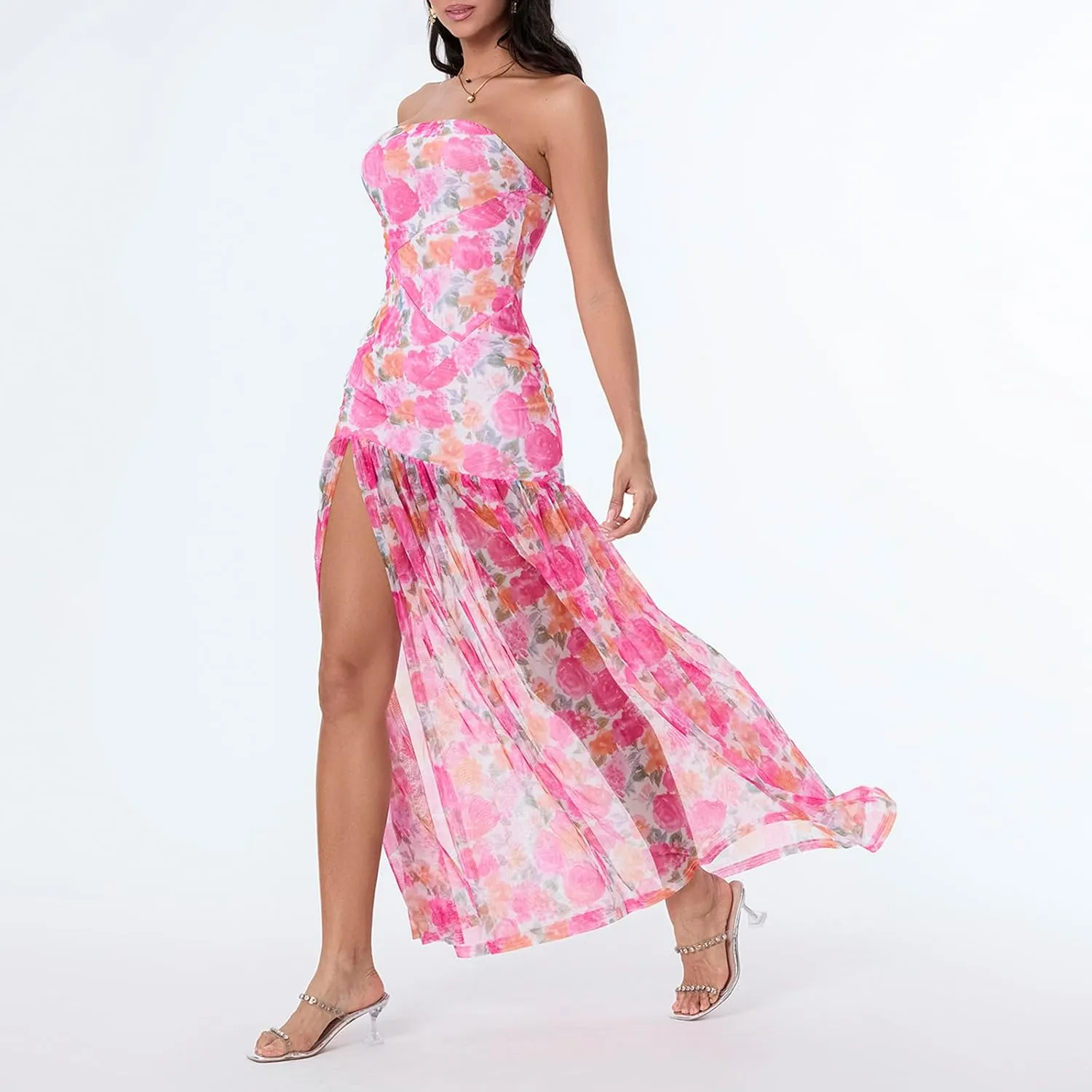 Women's Sexy Mesh Patchwork Maxi Dress Floral Tiger Print Strapless Tube Top Dress High Slit Party Long Dress