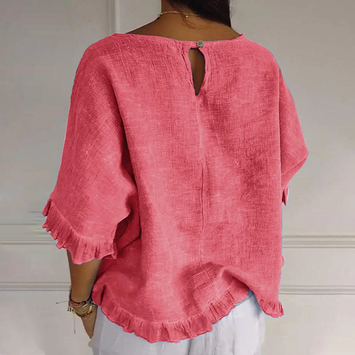 Womens Summer Linen Shirts Cute Ruffle Elbow Sleeve Cotton Tops Casual Crew Neck Plain Tshirt Loose Peasant Blouses
