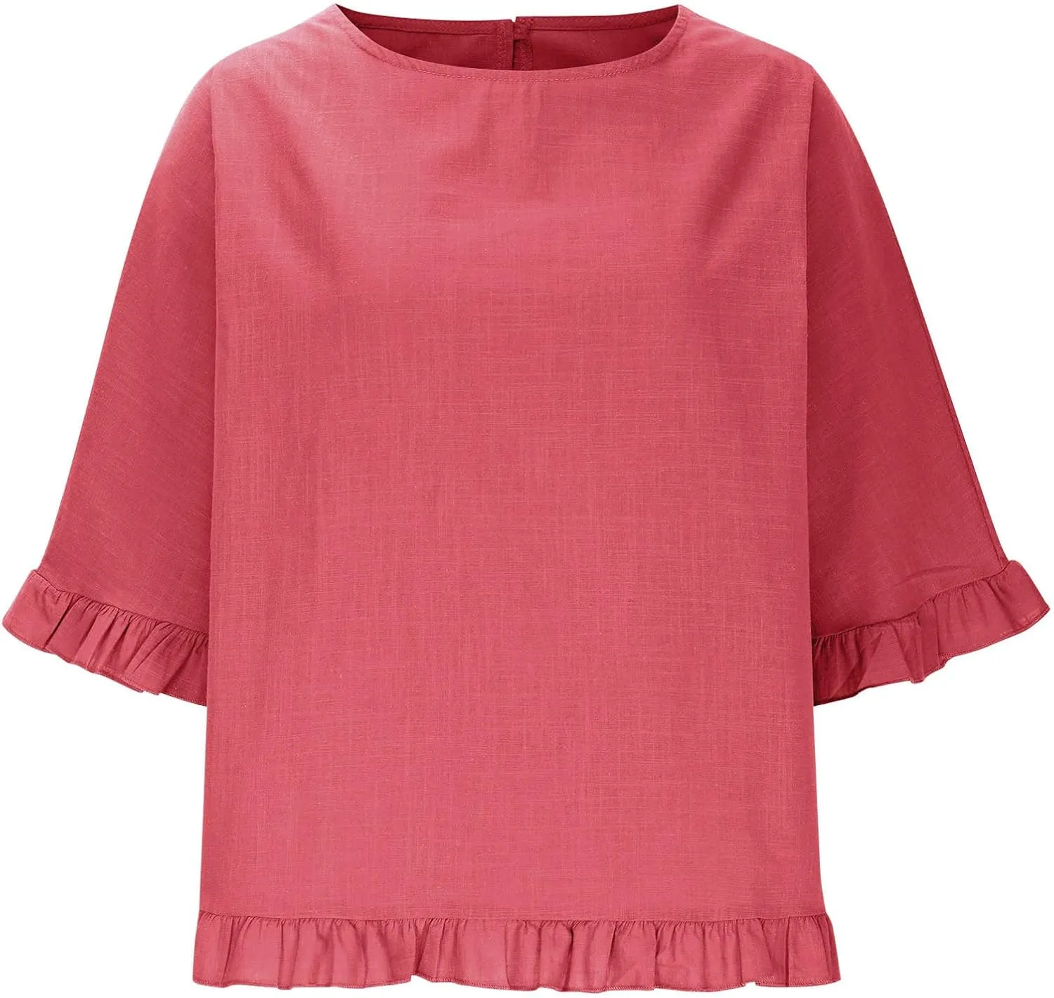 Womens Summer Linen Shirts Cute Ruffle Elbow Sleeve Cotton Tops Casual Crew Neck Plain Tshirt Loose Peasant Blouses