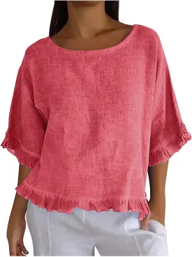 Womens Summer Linen Shirts Cute Ruffle Elbow Sleeve Cotton Tops Casual Crew Neck Plain Tshirt Loose Peasant Blouses