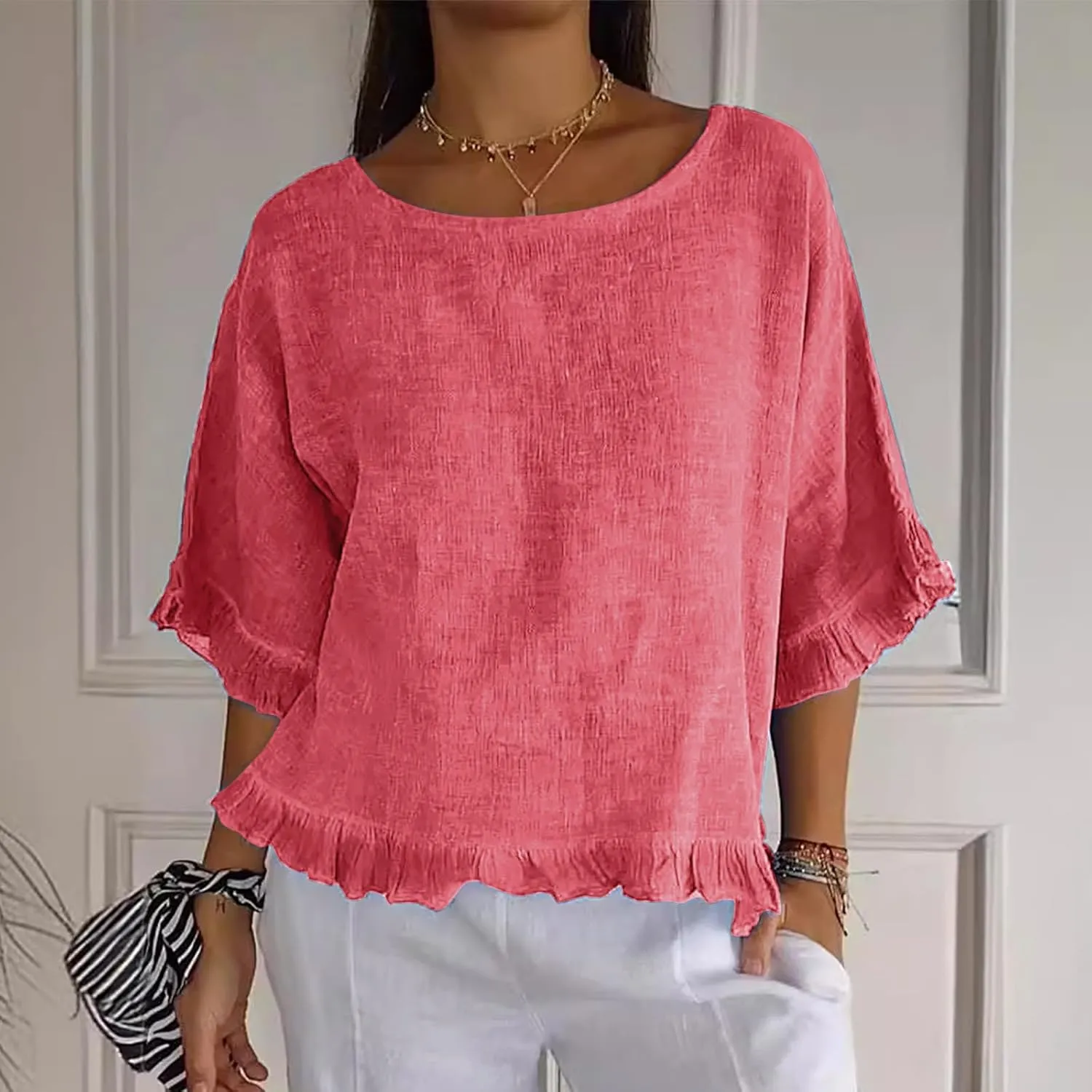 Womens Summer Linen Shirts Cute Ruffle Elbow Sleeve Cotton Tops Casual Crew Neck Plain Tshirt Loose Peasant Blouses