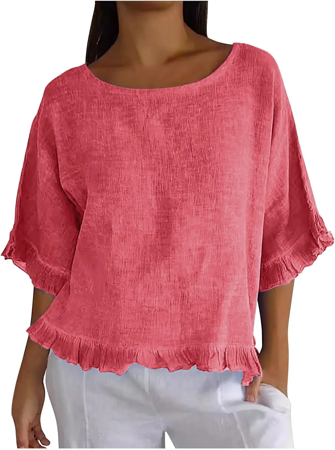 Womens Summer Linen Shirts Cute Ruffle Elbow Sleeve Cotton Tops Casual Crew Neck Plain Tshirt Loose Peasant Blouses