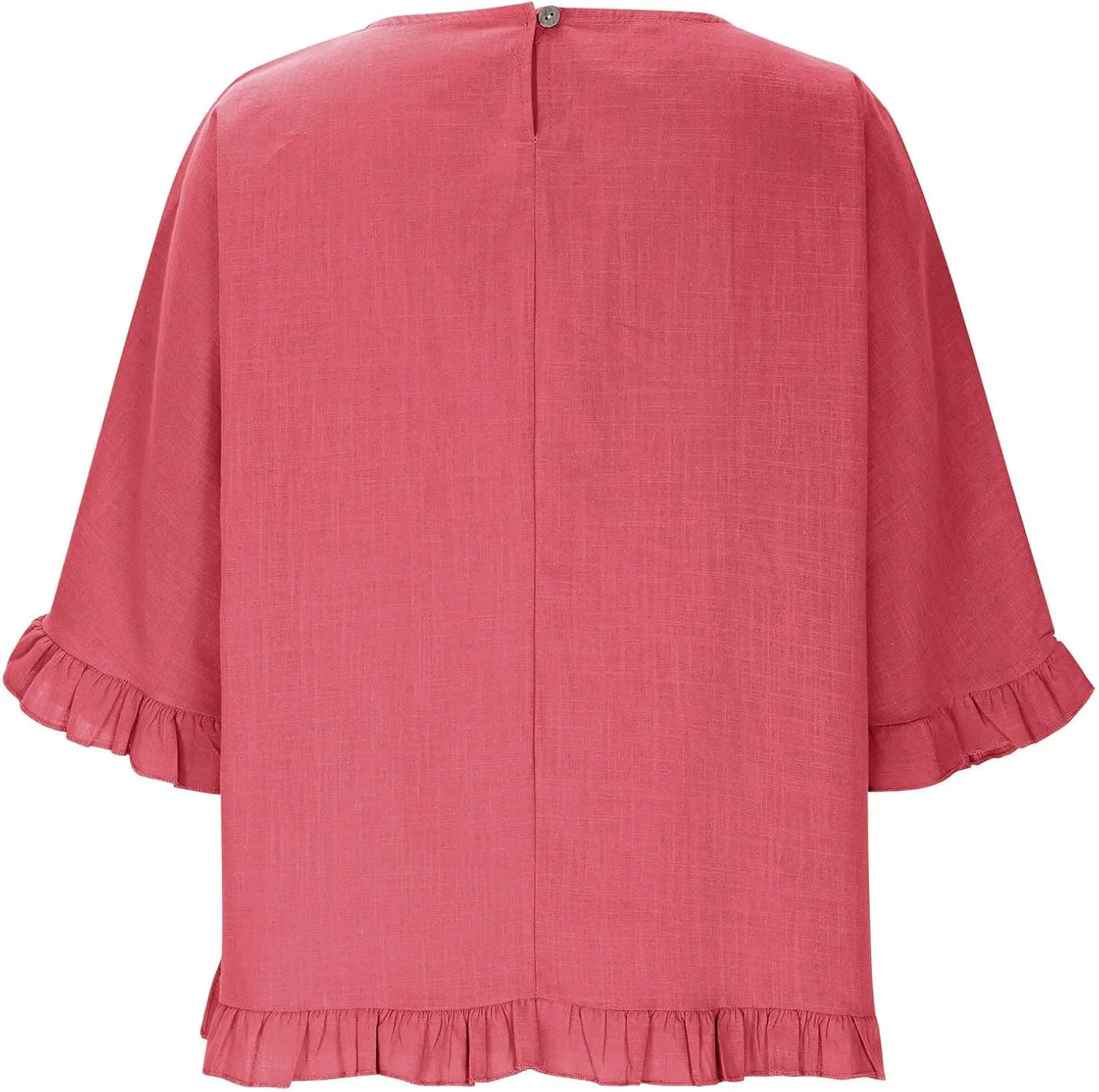 Womens Summer Linen Shirts Cute Ruffle Elbow Sleeve Cotton Tops Casual Crew Neck Plain Tshirt Loose Peasant Blouses