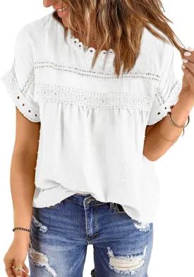 Womens Summer Tops 2025 Trendy Crewneck Boho Lace Crochet Short Sleeve Shirts Casual Flowy Swiss Dots Chiffon Blouses