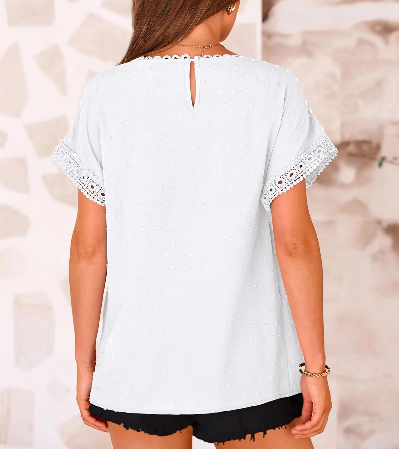 Womens Summer Tops 2025 Trendy Crewneck Boho Lace Crochet Short Sleeve Shirts Casual Flowy Swiss Dots Chiffon Blouses
