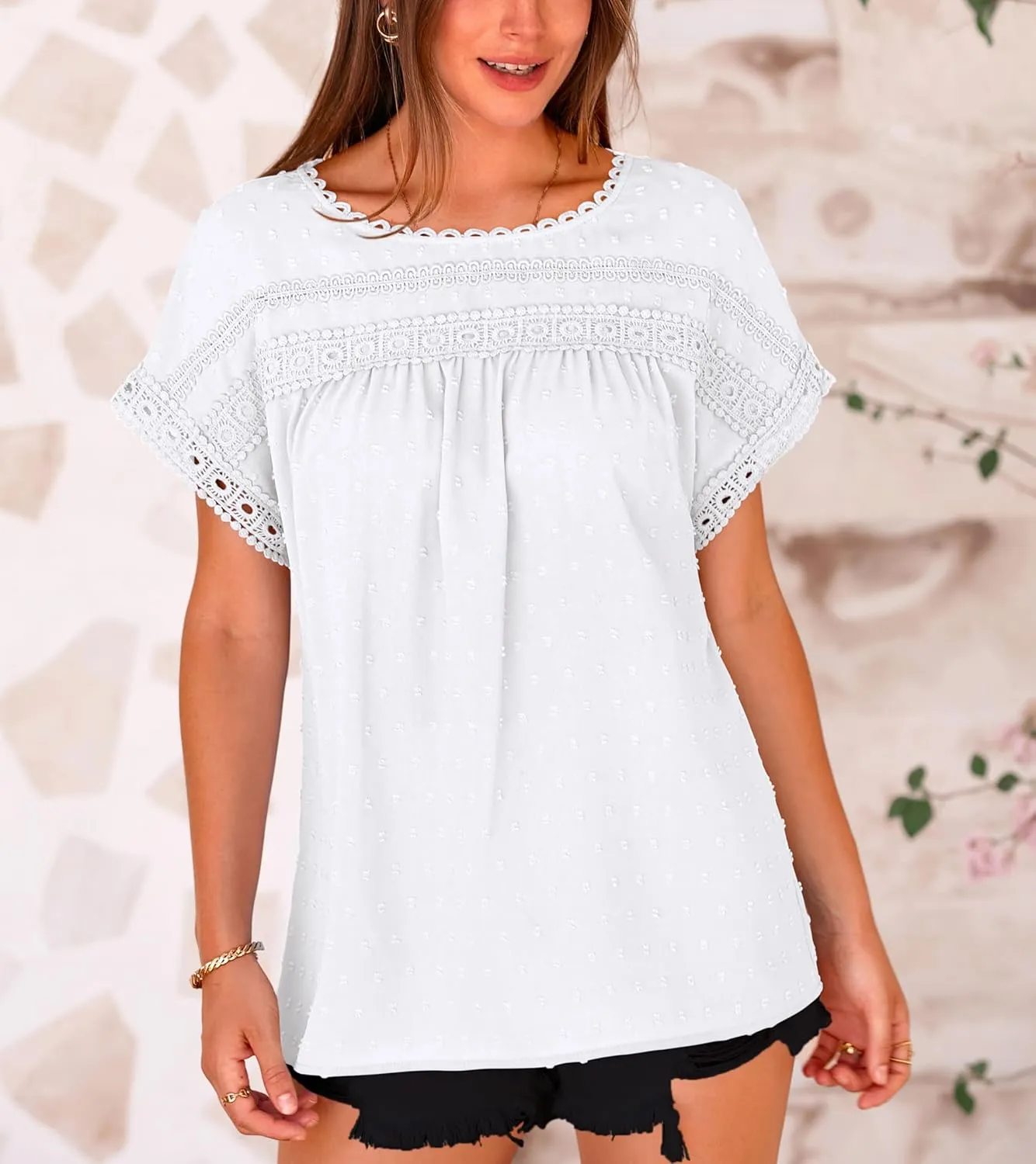 Womens Summer Tops 2025 Trendy Crewneck Boho Lace Crochet Short Sleeve Shirts Casual Flowy Swiss Dots Chiffon Blouses