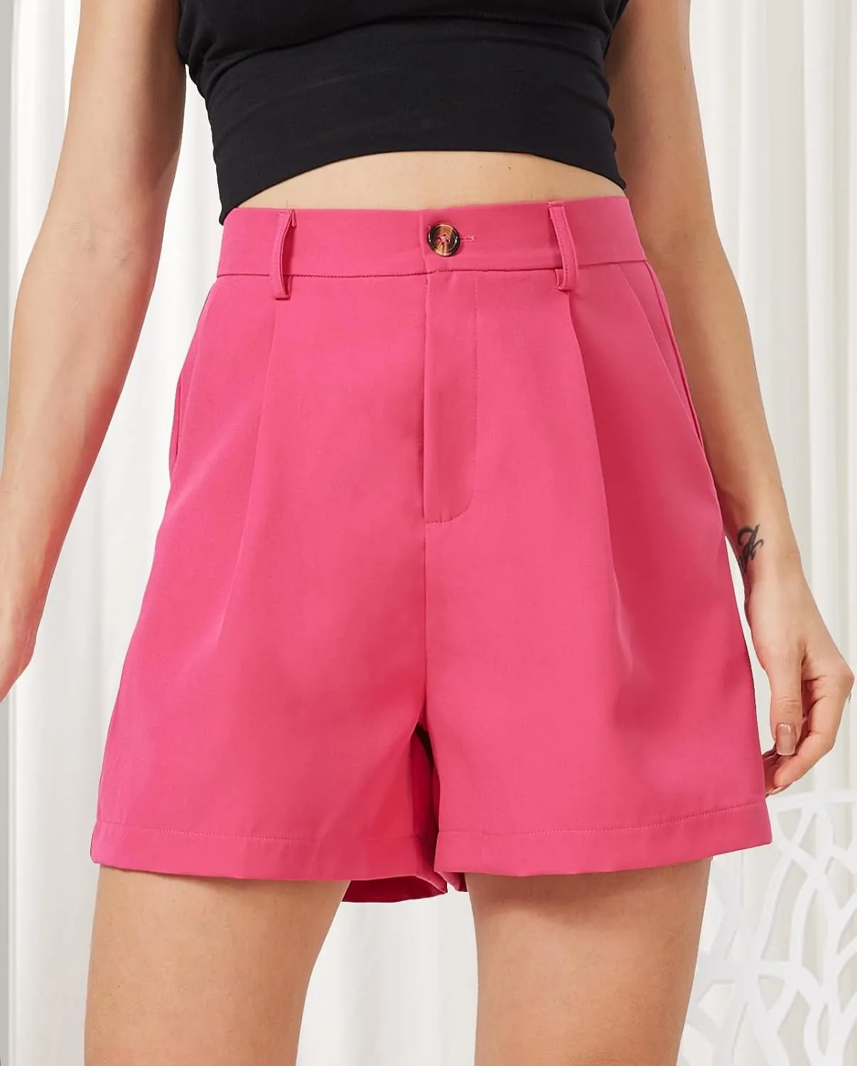 XinYangNi Casual Shorts for Women Dressy Summer Elastic Waist Back Pleated Wide Leg Tailored Work Trouser Shorts with Pockets