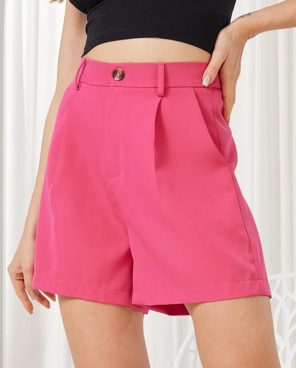 XinYangNi Casual Shorts for Women Dressy Summer Elastic Waist Back Pleated Wide Leg Tailored Work Trouser Shorts with Pockets