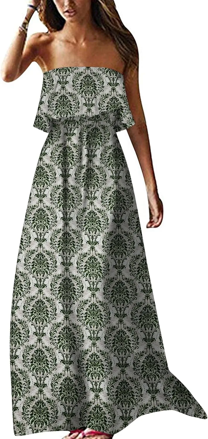 ZMPSIISA Women's Summer Off The Shoulder Maxi Dress Ruffle Strapless Blue White Porcelain Boho Casual Loose Long Dresses