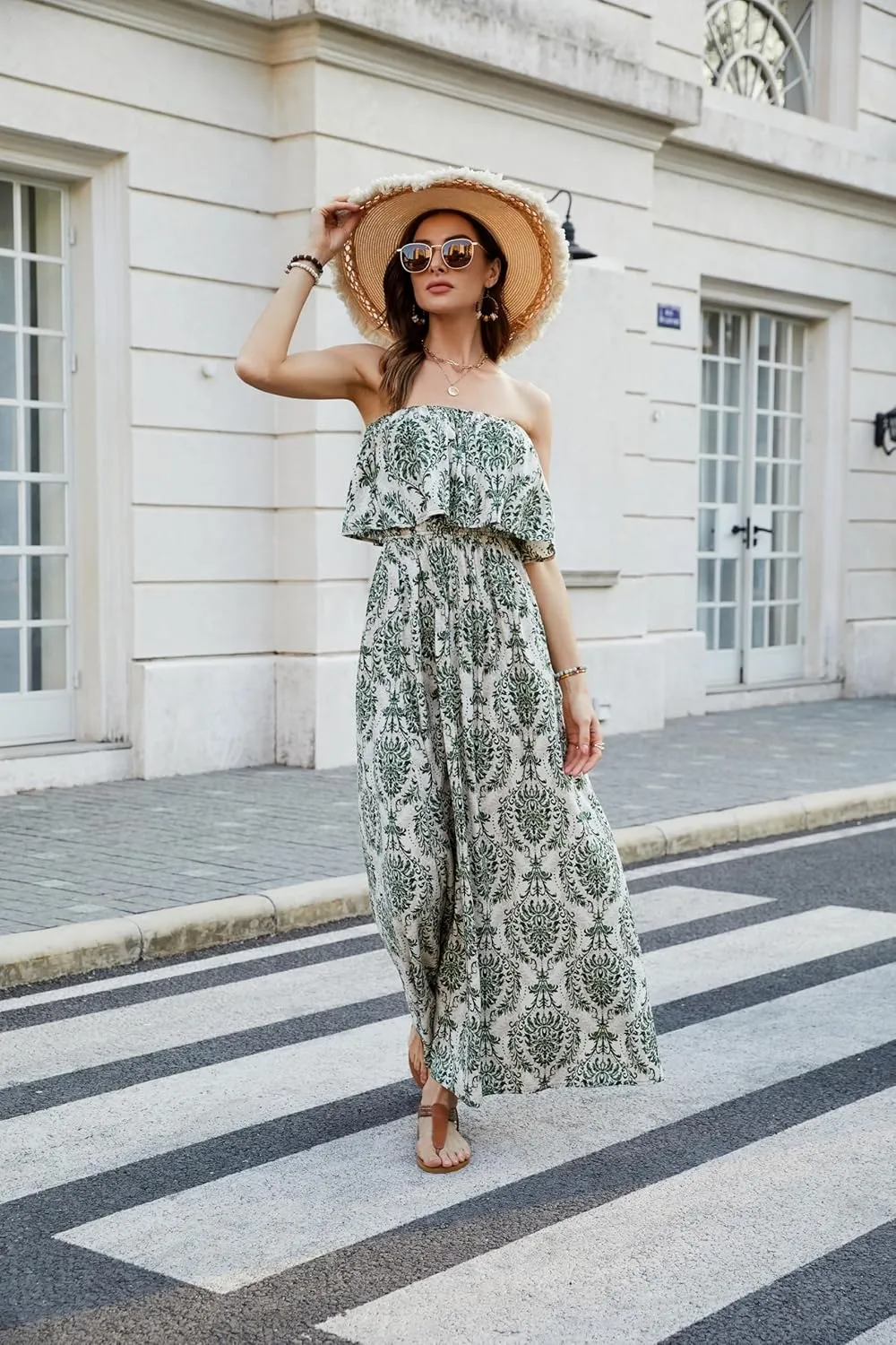 ZMPSIISA Women's Summer Off The Shoulder Maxi Dress Ruffle Strapless Blue White Porcelain Boho Casual Loose Long Dresses